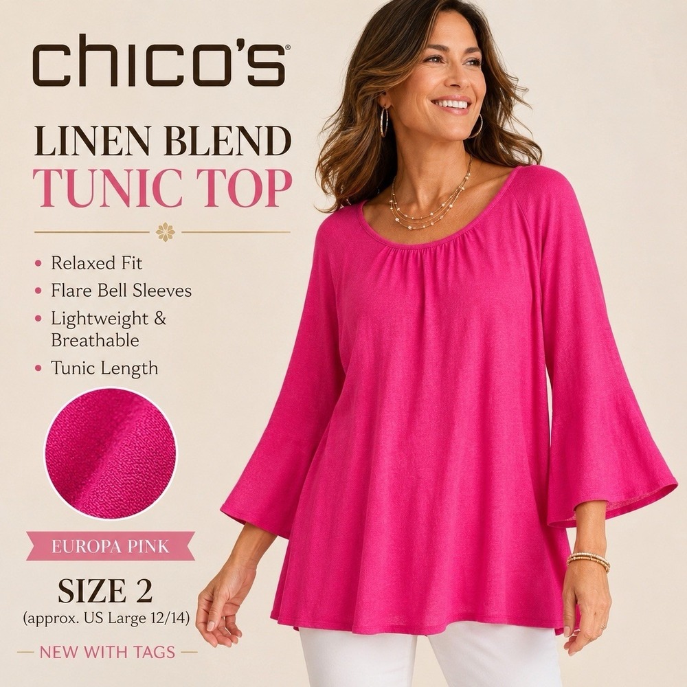 Chico's Pink Linen Blend NWT Top Size 2 Large Flare Bell Sleeve Lightweight Boho